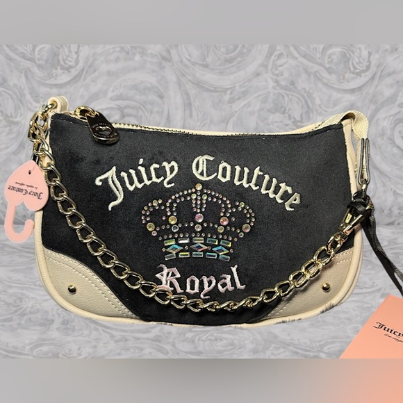 Juicy Couture Handbags - NWT 👑 🤍🖤Juicy Couture Royal Crown Mini Bag | Black Velour Rhinestone Y2K Purse